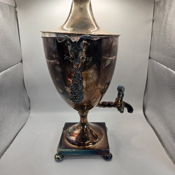 Early 20thC Silverplate Ram Head Beverage Urn Samovar w Lid & Working Spigot - Picture 6 of 16